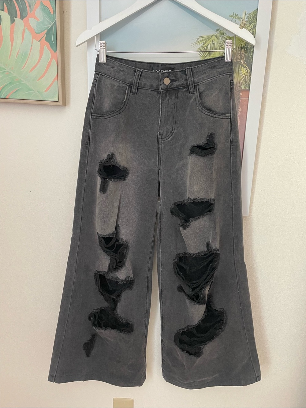 Dolls Kill Widow Sinful Attitude Wide Leg Jeans Pants in Distressed Grey Black